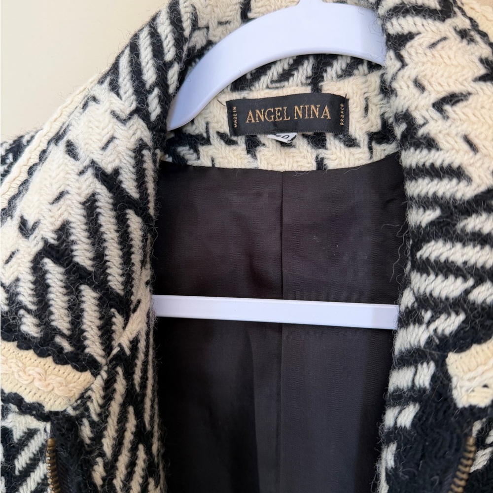 Angel Nina Plaid Wool Blend Coat Women Size 40 Black Cream Long Zip Jacket - Picture 3 of 16